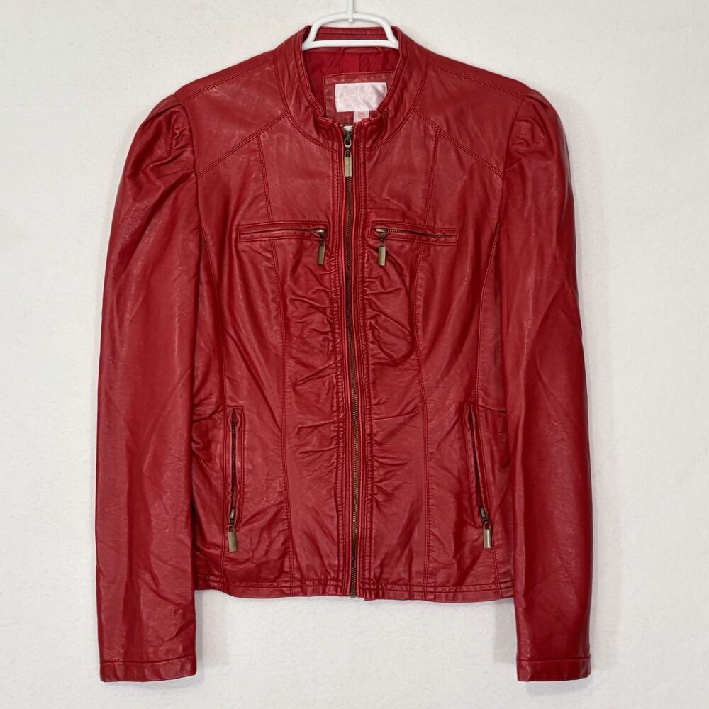 Women's XXL Band Collar Faux Leather Crop Jacket Red Moto Biker Full Zip Grunge